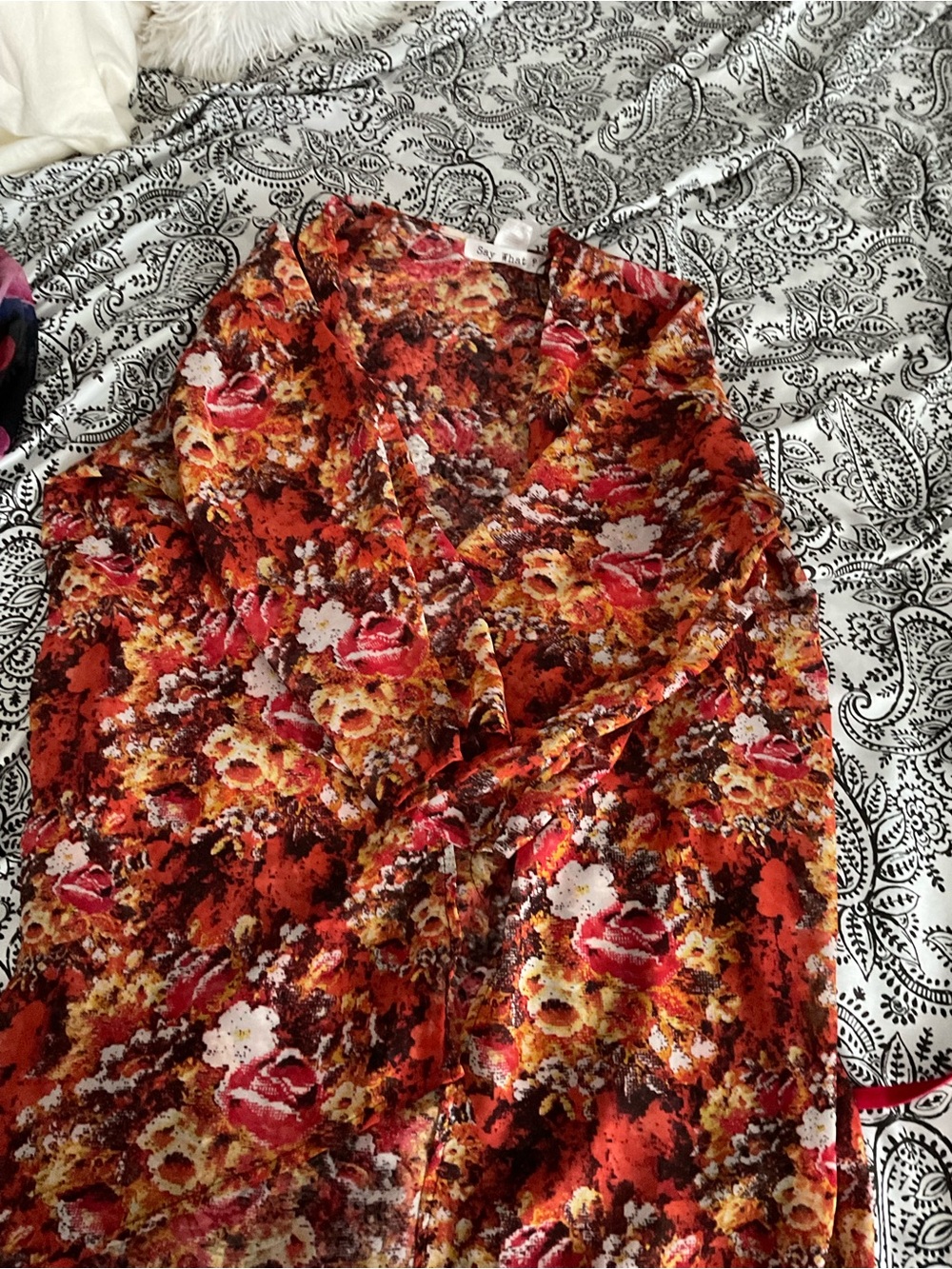 Say What? Floral V-Neck Blouse in Rust and Pink cardigan